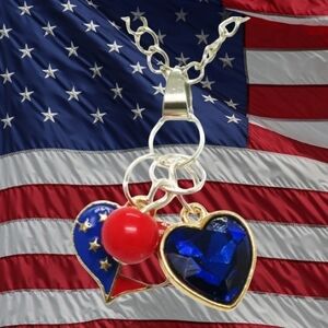 Betsey Johnson 20" Enamel & Rhinestone Red White Blue USA Patriotic neck…